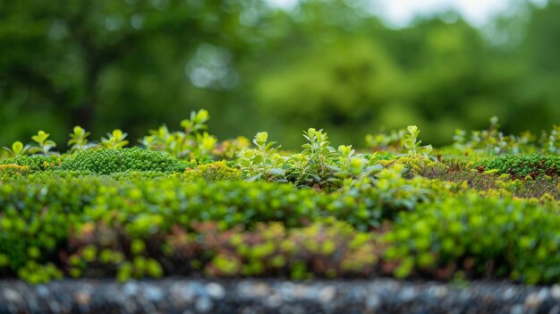 Uma foto macro de um telhado verde coberto de vegetação exuberante que fornece isolamento natural e reduzindo