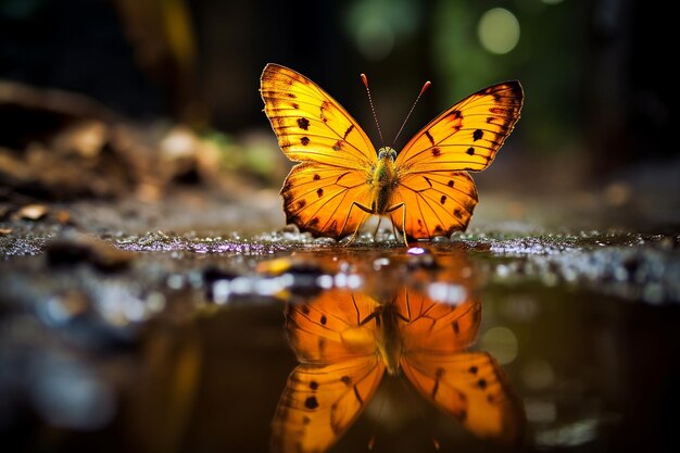 Uma foto macro de uma borboleta a beber de uma poça