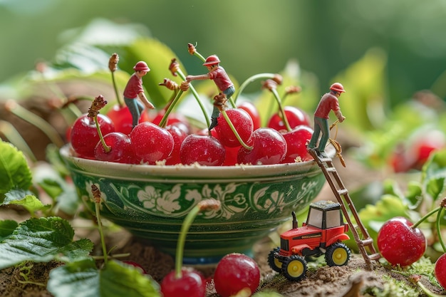 Uma foto macro de uma estatueta de brinquedo carregando cerejas