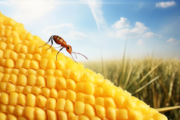 Uma foto macro de uma formiga navegando na vasta paisagem de um grão de milho