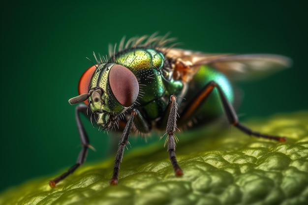 Foto uma foto macro de uma mosca com fundo verde.