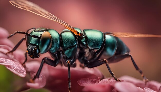 Foto uma foto macro de uma mosca verde em uma flor de hortênsia rosa