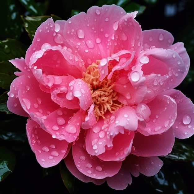 Foto uma foto macro de uma peônia rosa com gotas de orvalho nas pétalas