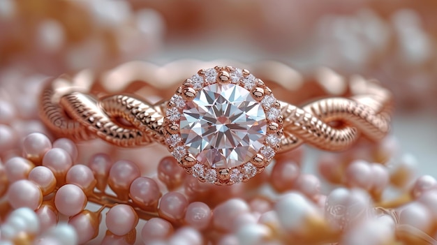 Uma foto macro enfatizando os detalhes intrincados de um anel de noivado mostrando seu artesanato