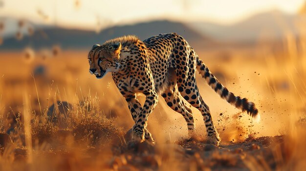 Foto uma foto maravilhosa de uma chita selvagem a correr na savana.