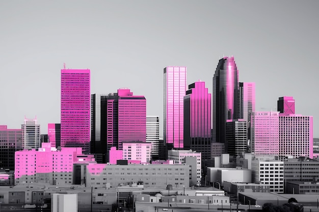 Uma foto monocromática do horizonte de uma cidade com um toque de cor em um prédio ou estrutura rosa