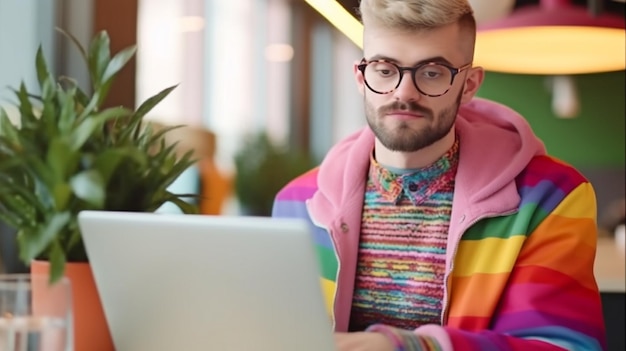 Uma foto mostra um homem trans trabalhando em um escritório vestindo um terno casual e segurando um notebook portátil The Generative AI