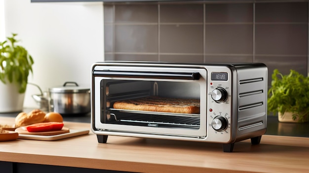 Uma foto mostrando a aparência elegante e moderna de um forno de torradeira minimalista