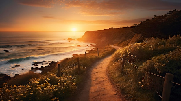 Uma foto mostrando a quente luz dourada de um pôr-do-sol na praia iluminando um caminho costeiro