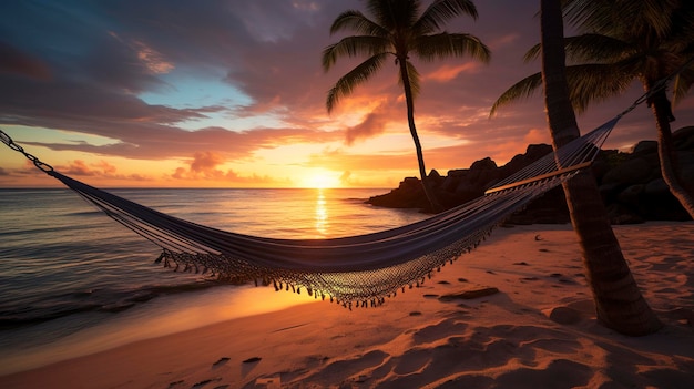 Uma foto mostrando a tranquilidade da solidão de um pôr-do-sol na praia com uma hamaca vazia balançando suavemente