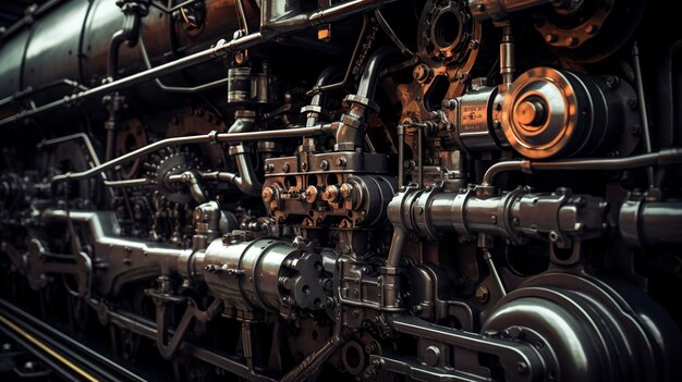 Uma foto mostrando os detalhes intrincados e a tecnologia do sistema de propulsão ou motor de um trem