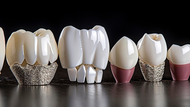 Uma foto mostrando os vários tipos de coroas e pontes dentárias