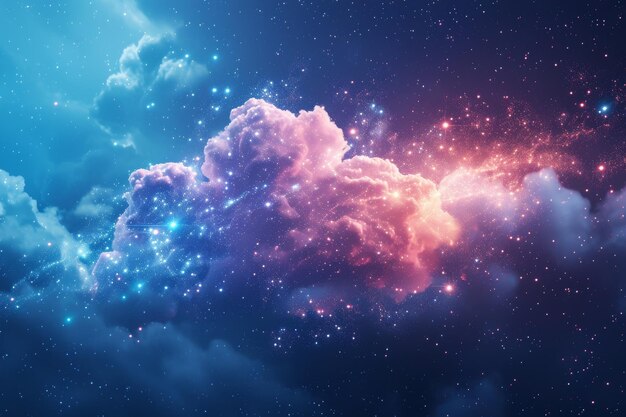 Uma foto mostrando um céu azul claro adornado com nuvens fofinhas e estrelas cintilantes Uma imagem fantástica de dados fluindo livremente do NAS para a nuvem gerada pela IA