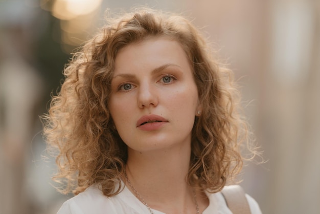 Foto uma foto na cabeça de uma mulher com cabelo encaracolado em uma antiga cidade europeia