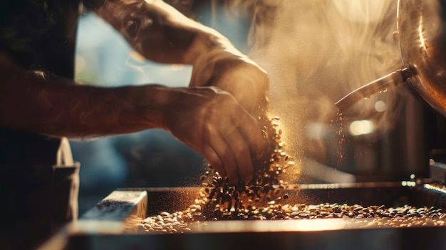 Uma foto nebulosa de um artesão experiente derramando delicadamente grãos de café frescos em um aparelho de torrefação