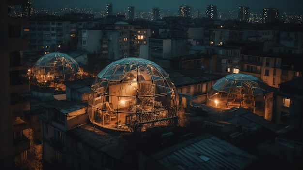 Uma foto noturna das cúpulas da cidade de paris.