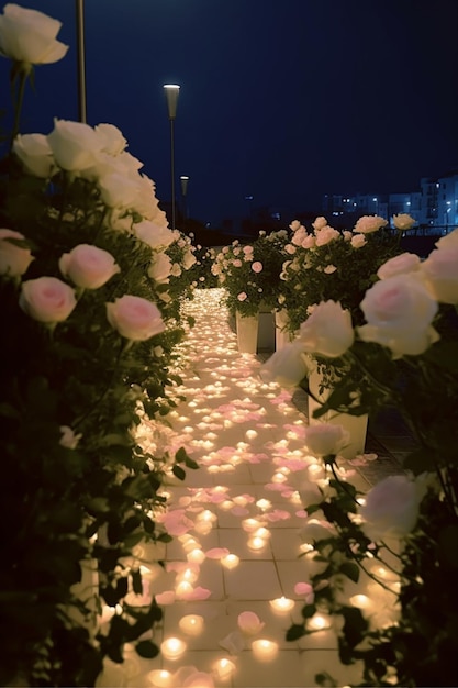 Uma foto noturna de um jardim de flores com luzes no chão