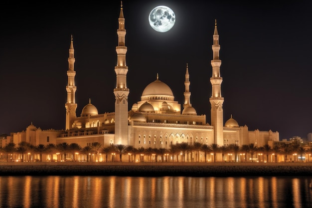 Uma foto noturna de uma mesquita islâmica com uma lua