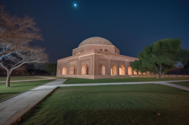 Uma foto noturna de uma mesquita islâmica com uma lua