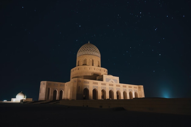 Uma foto noturna de uma mesquita islâmica com uma lua