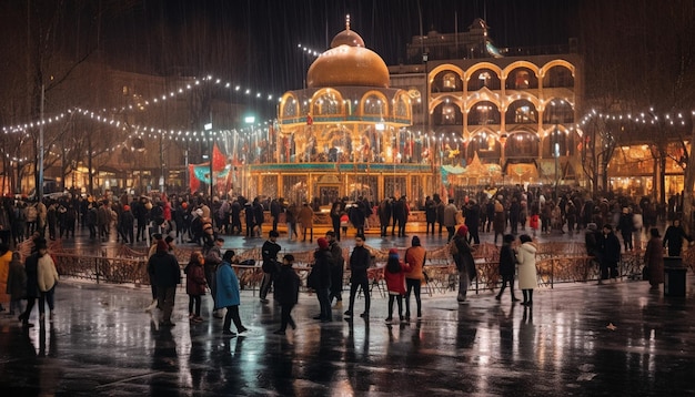 Uma foto noturna de uma praça da cidade movimentada com as celebrações de Nowruz