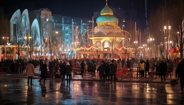 Foto uma foto noturna de uma praça da cidade movimentada com as celebrações de nowruz