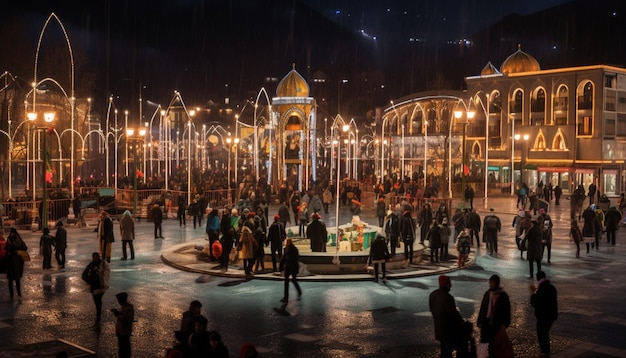 Foto uma foto noturna de uma praça da cidade movimentada com as celebrações de nowruz