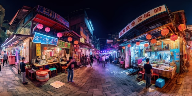 Uma foto panorâmica 360 vr de um mercado asiático à noite