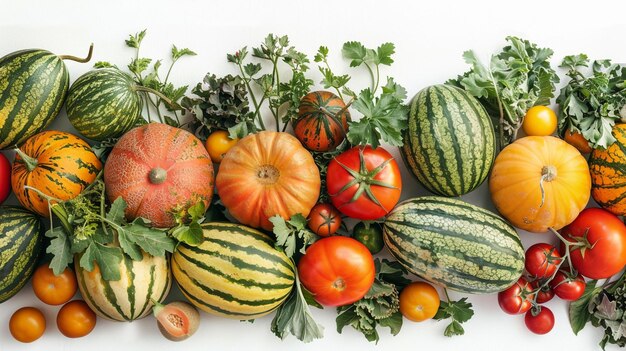 Foto uma foto panorâmica capturando a beleza natural de melões maduros melões e melões intercalados com uma seleção de vegetais vibrantes todos exibidos contra um fundo branco sem costuras