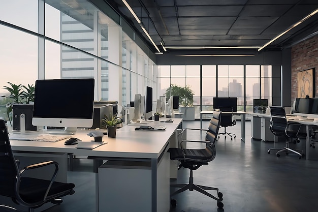 Uma foto panorâmica de um espaço de escritório elegante e elegante f