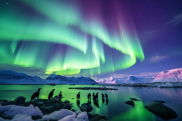 Uma foto panorâmica de uma extensa colônia de pinguins com altos icebergs ao fundo