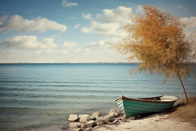 Foto uma foto panorâmica de uma tranquila beira-mar com um barco a remo sozinho à deriva pacificamente