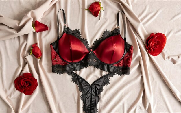 Uma foto plana de um conjunto de lingerie em vermelho e preto com detalhes de renda e seda