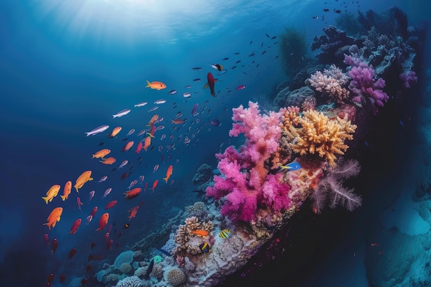 Uma foto profunda do oceano de um recife de coral vibrante e peixes tropicais