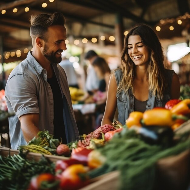 uma foto real de um mercado de agricultores com várias barracas coloridas exibindo frutas e legumes frescos