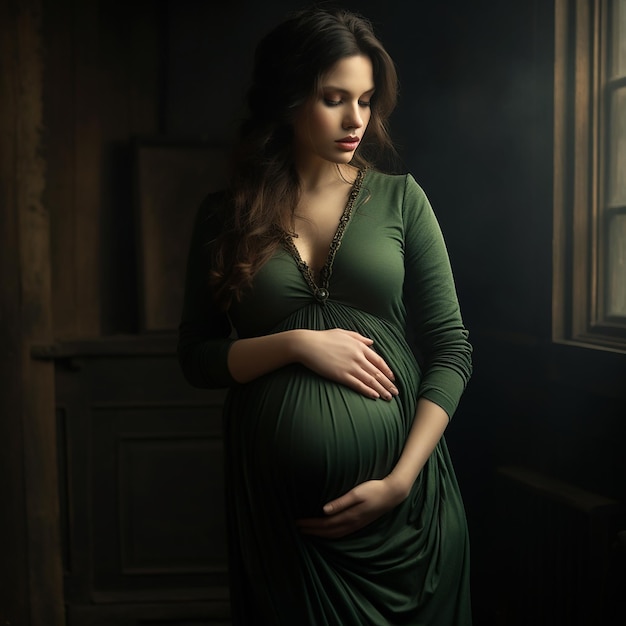 Uma foto real de uma mulher grávida vestida de verde