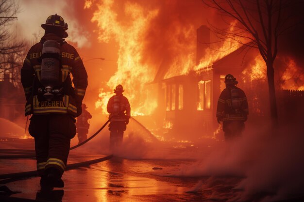 Uma foto realista de bombeiros americanos coordenando esforços enquanto estão em frente a um fogo ardente