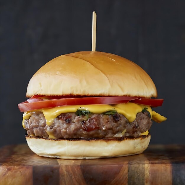 Uma foto realista de um delicioso cheeseburger com um fundo preto gerado pela IA