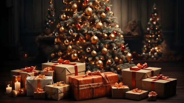 Uma foto realista de uma enorme árvore de Natal com presentes e luzes brilhantes AI generativa