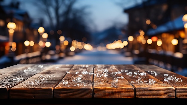 Uma foto realista mesa de madeira escura vazia e flores de inverno sobre ela fundo de inverno abstrato