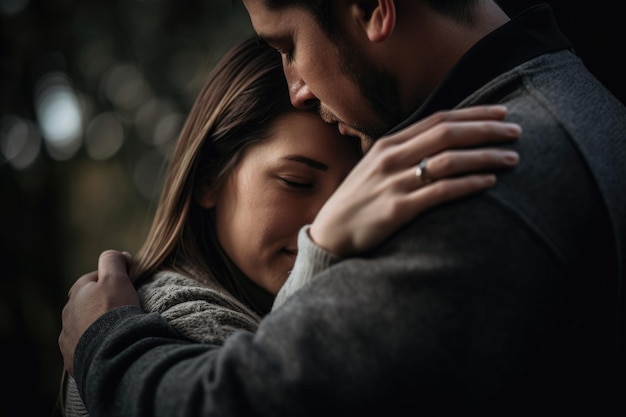 Uma foto recortada de um casal no meio de um abraço criado com IA generativa