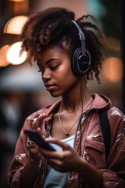 Uma foto recortada de uma jovem ouvindo música em seu telefone criada com IA generativa