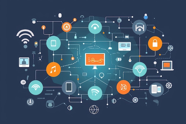 Uma foto retratando um fundo azul com um arranjo circular de ícones fundo mostrando internet das coisas conexão em vários dispositivos ai gerado