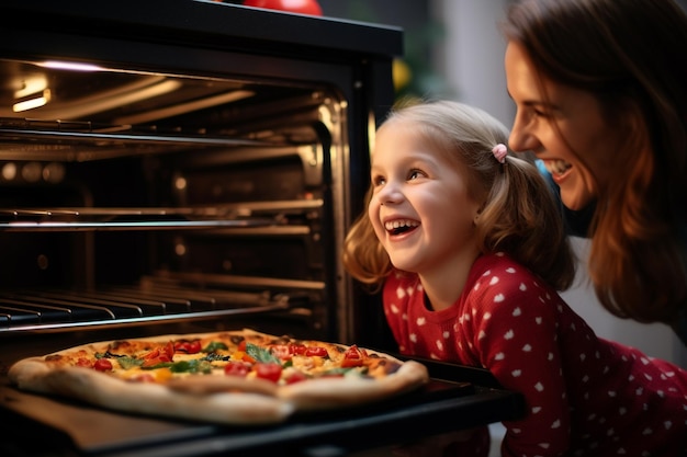 Uma foto sorridente mostra uma família usando um forno com uma mulher e uma menina bonita