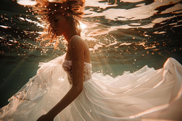 Foto uma foto subaquática de uma mulher vestindo um vestido de noiva