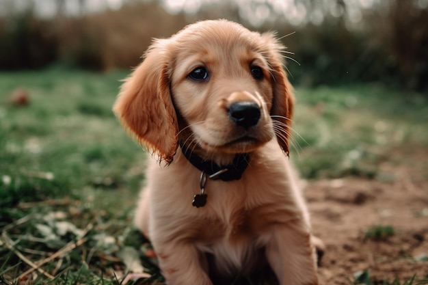 Uma foto superficial de um cachorrinho de golden retriever sentado em um chão de grama