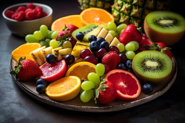 Uma foto tentadora de um prato de frutas coloridas com fatias suculentas de abacaxi melancia e kiwi Generative Ai