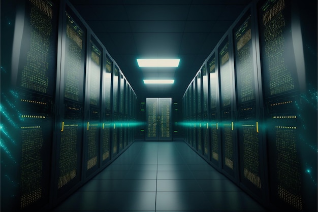 Uma foto tirada de dentro da sala do servidor com um longo corredor conduzindo IA generativa