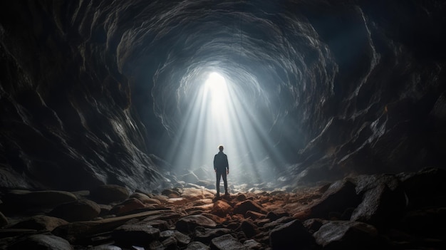 Uma foto tirada de dentro de uma caverna de um homem de pé em frente à entrada da caverna