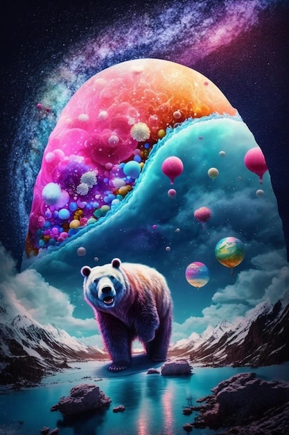 Uma foto tirada de um urso polar em frente a um céu colorido generativo ai